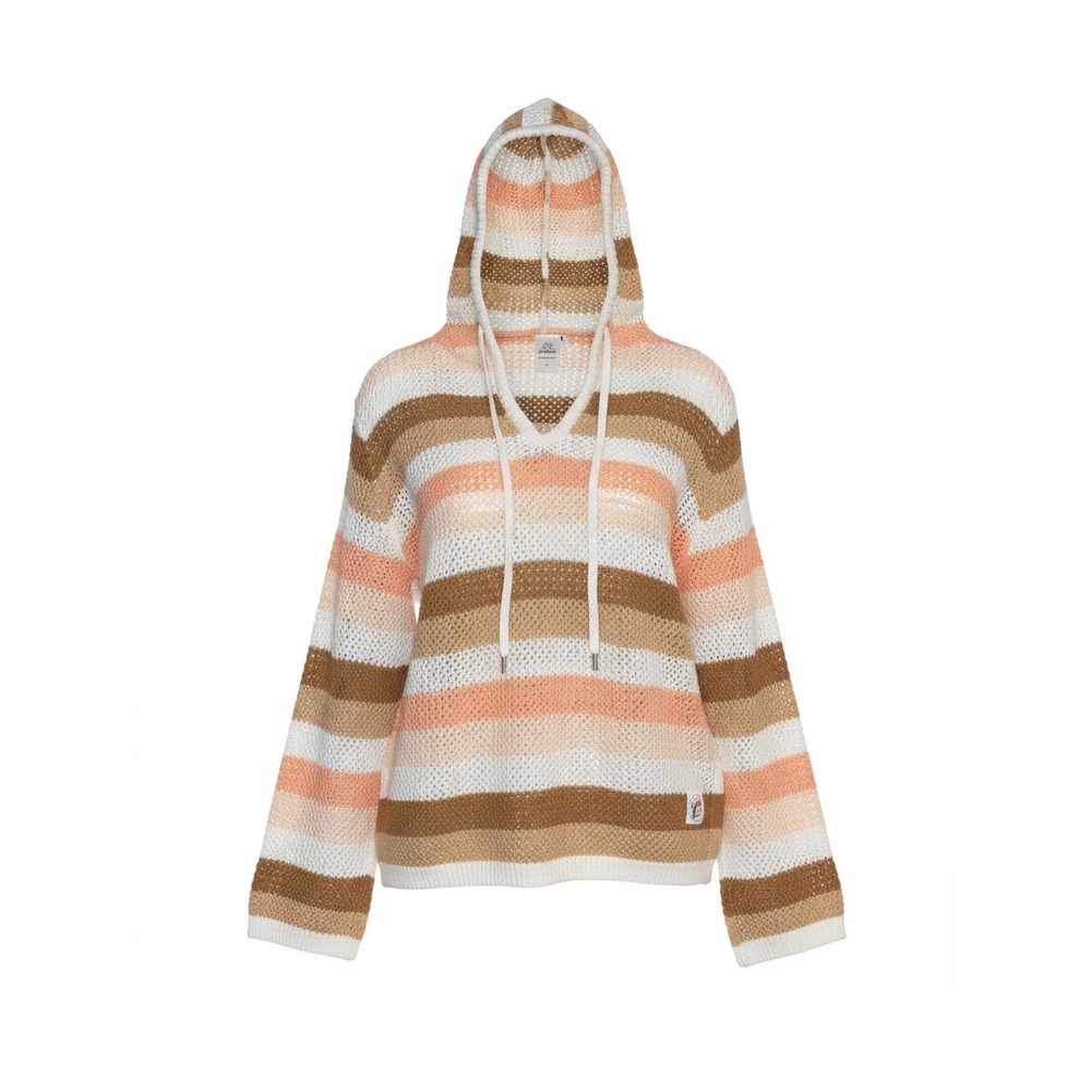 Buc-ee's Women Striped Crochet Knit Hoodie Sweater Peach Brown White Medium